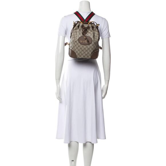 New GUCCI Neo Vintage GG Supreme Bucket Backpack Tiger Head Logo Drawstring Tan - Picture 16 of 16